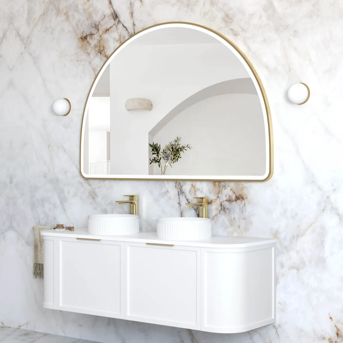 Bathroom with mounted Moonlight Archie 1000mm LED Mirror - Gold Frame side view