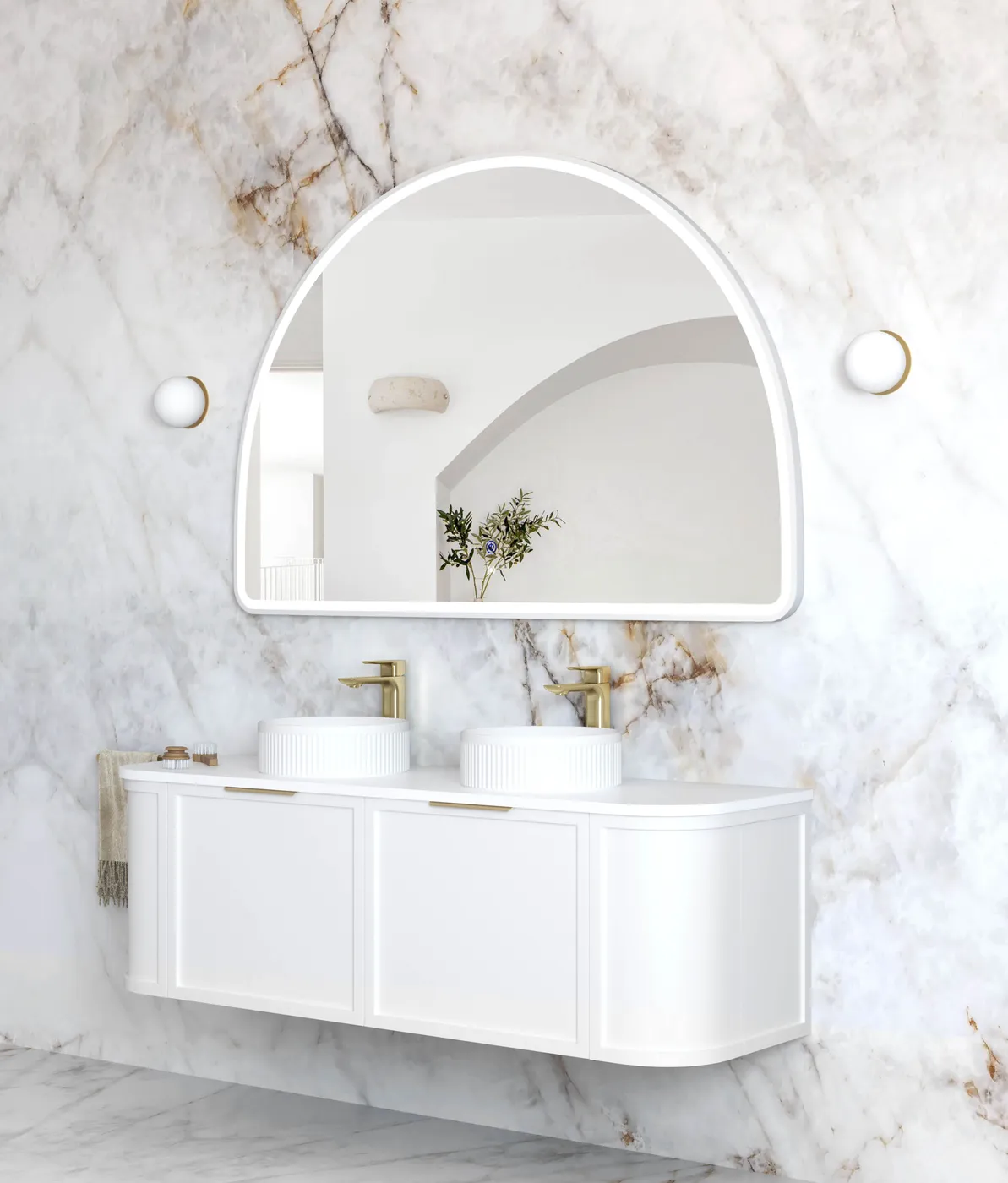 Bathroom with mounted Moonlight Archie 1000mm LED Mirror - White Frame side view