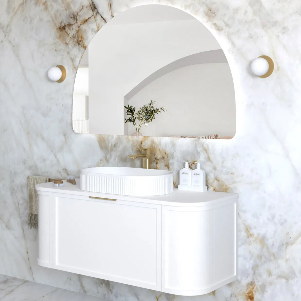 Bathroom with installed Moonlight Archie 800mm LED Mirror - Frameless and wall hung vanity side view