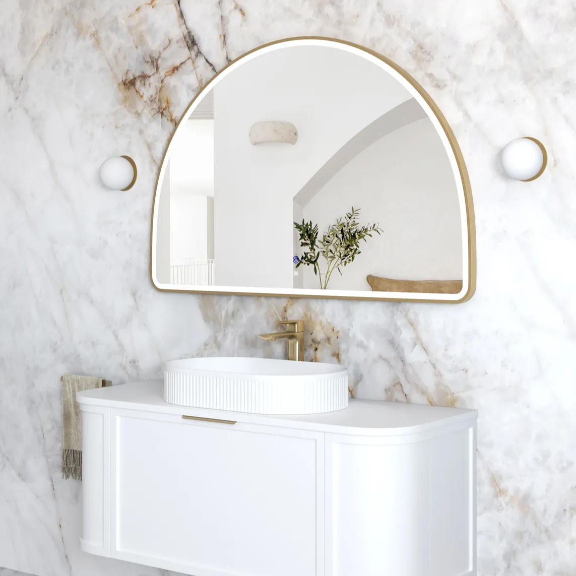 Bathroom with mounted Moonlight Archie 800mm LED Mirror - Gold Frame side view