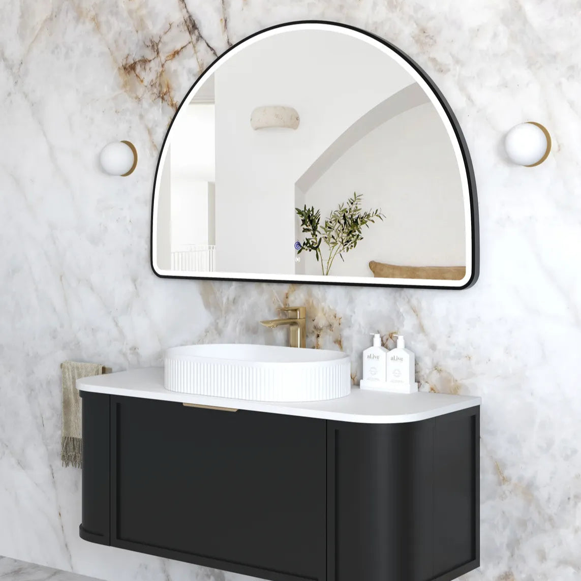 Bathroom with mounted Moonlight Archie 800mm LED Mirror - Black Frame and wall hung vanity side view