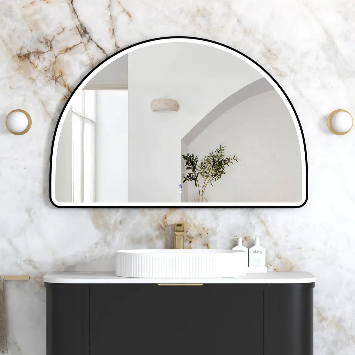 Bathroom with mounted Moonlight Archie 800mm LED Mirror - Black Frame front view