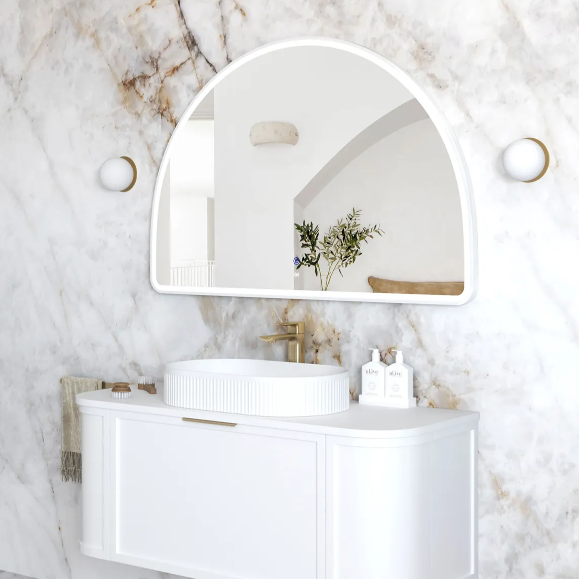 Bathroom with mounted Moonlight Archie 800mm LED Mirror - White Frame side view