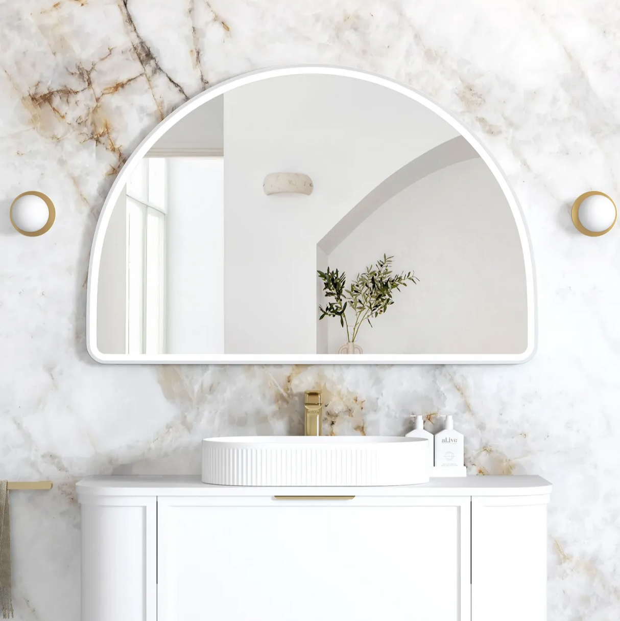 Bathroom with mounted Moonlight Archie 800mm LED Mirror - White Frame front view