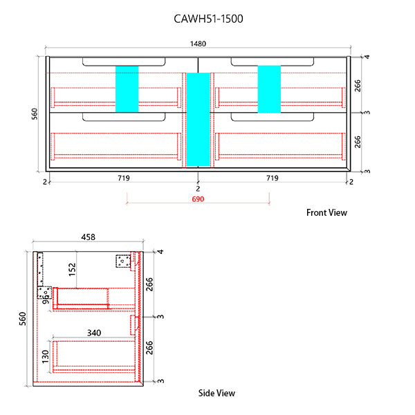 Technical drawing of a kitchen cabinet with dimensions labeled