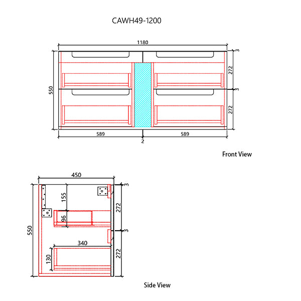 Technical drawing of a kitchen cabinet with dimensions labeled