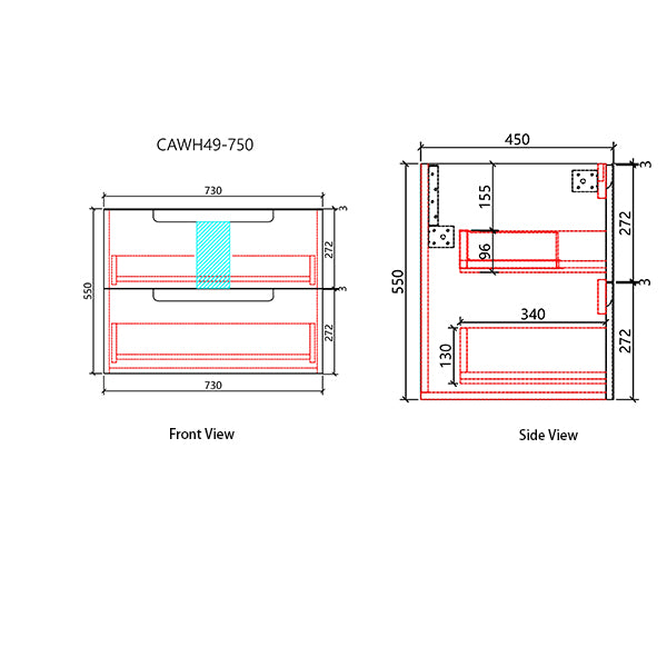 Technical drawing of a product with dimensions labeled on front and side views.
