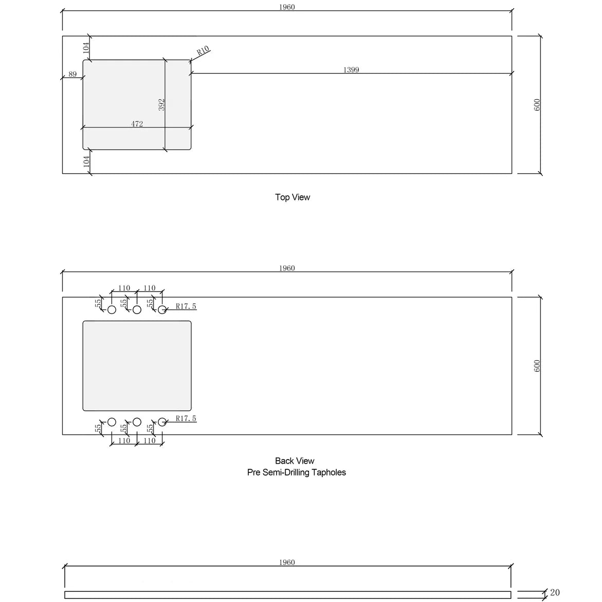 Noosa White Laundry Kit 1960x600x2100 Taphole drawing