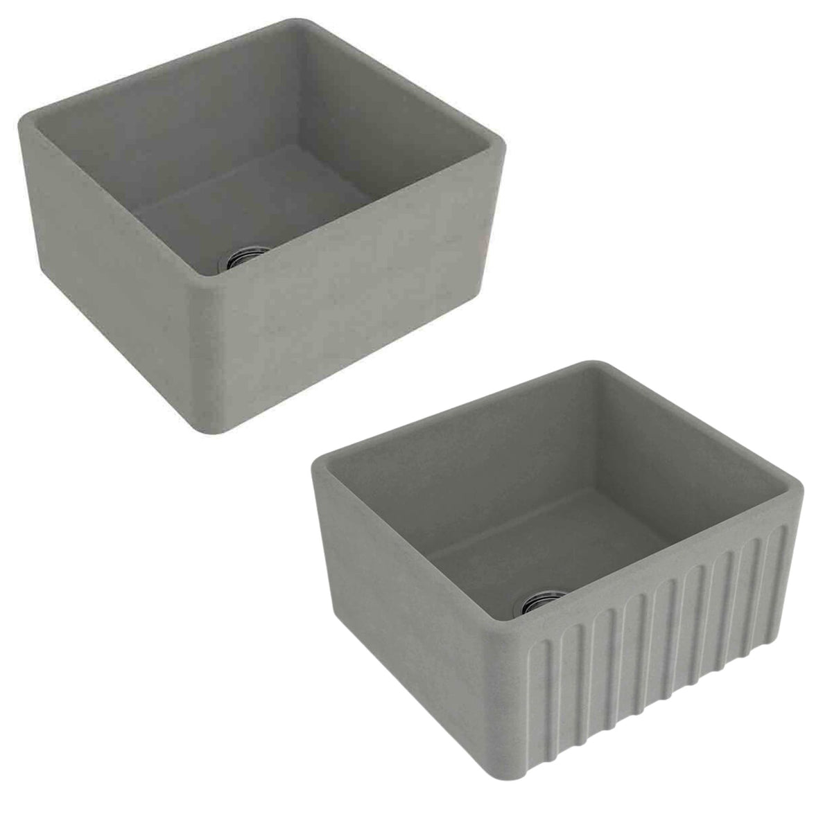 Two gray rectangular farmhouse sinks shown from different angles on a plain white background, one with a smooth interior and one with vertical fluted detailing on the front.