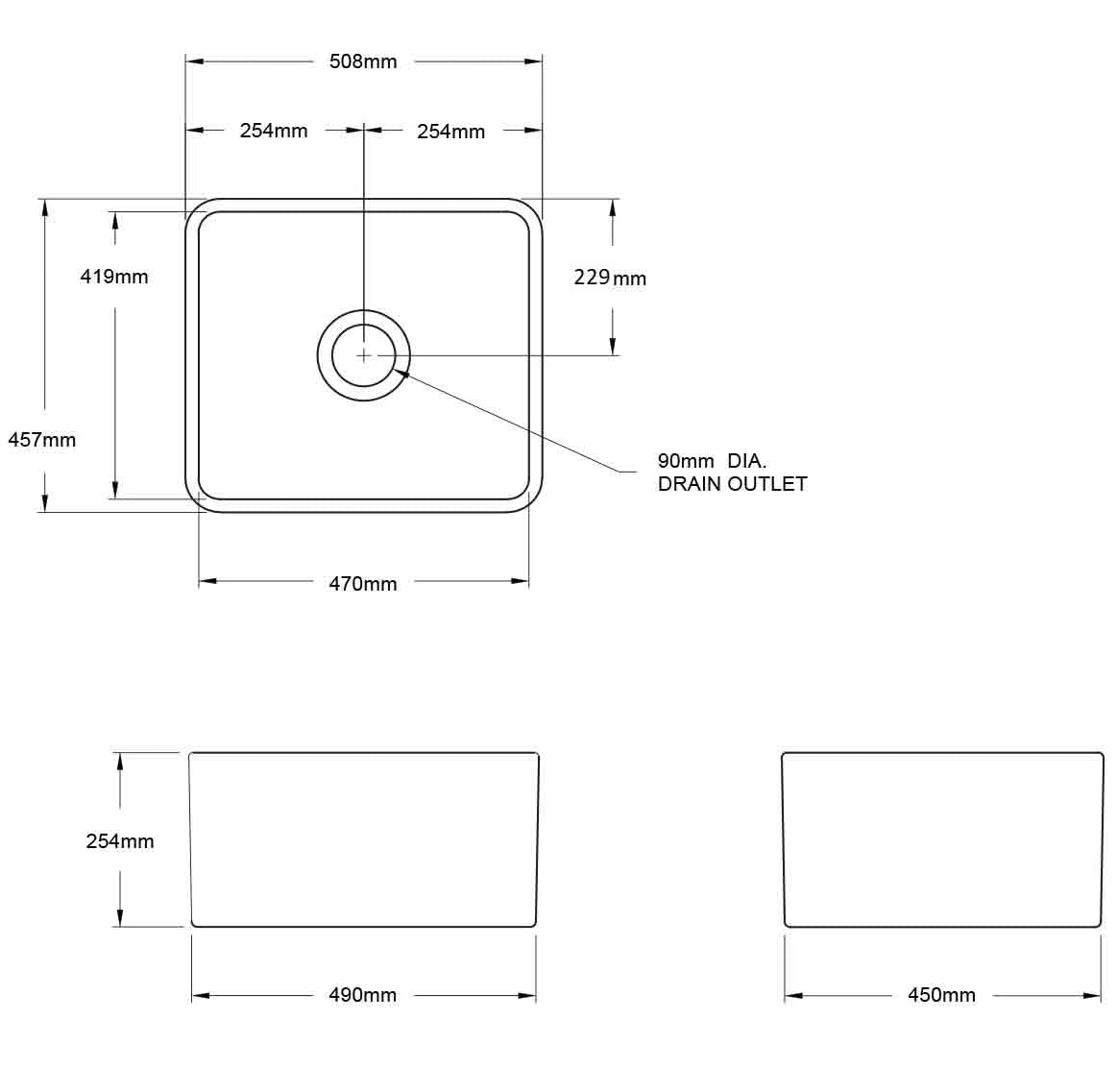 Technical drawing of a rectangular sink with dimensions labeled