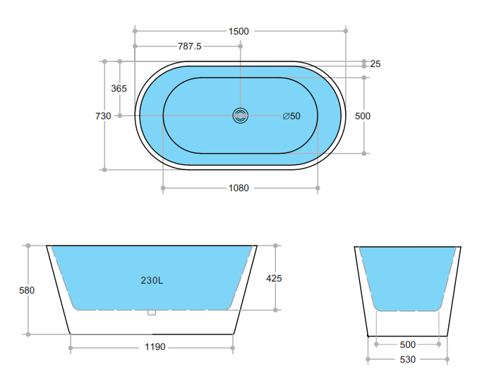 Ovia 1500mm Gloss White Freestanding Oval Bath - Non Overflow