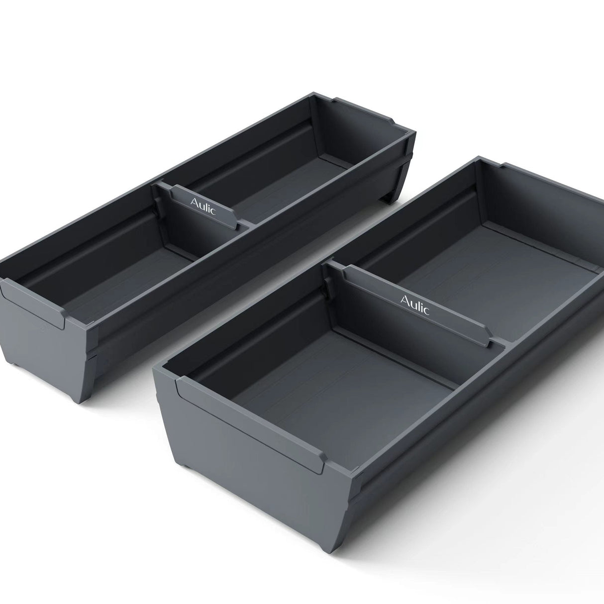 Two gray storage trays on a white background