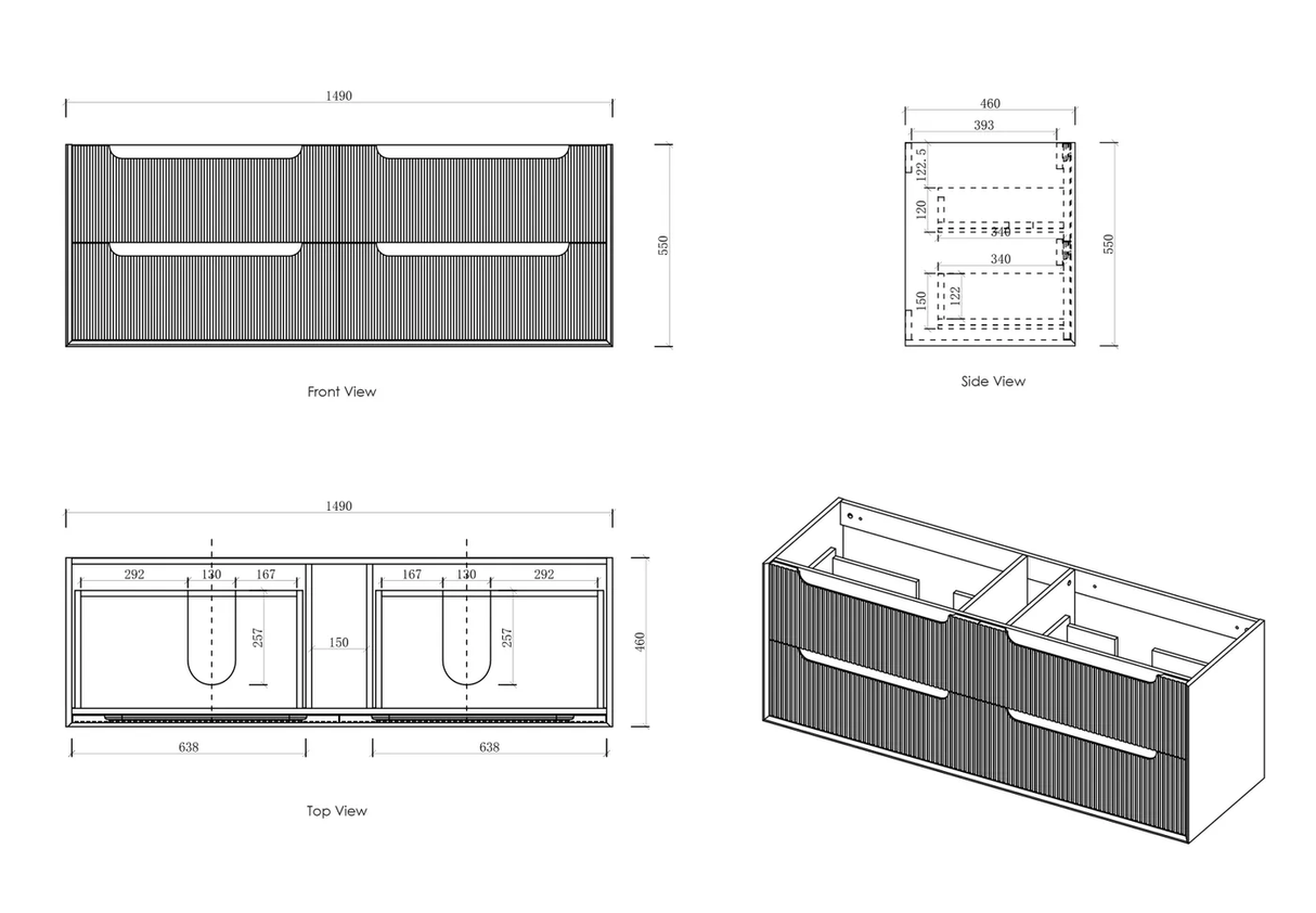 Byron 1500mm Woodland Oak Wall Hung Vanity - Fluted drawing