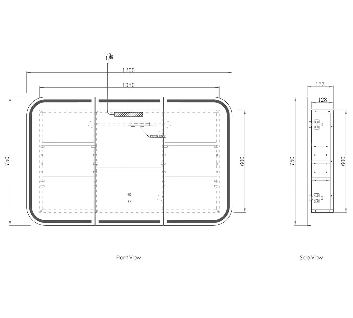 LED Newport 1200(W)x750(H) Shaving Cabinet drawing