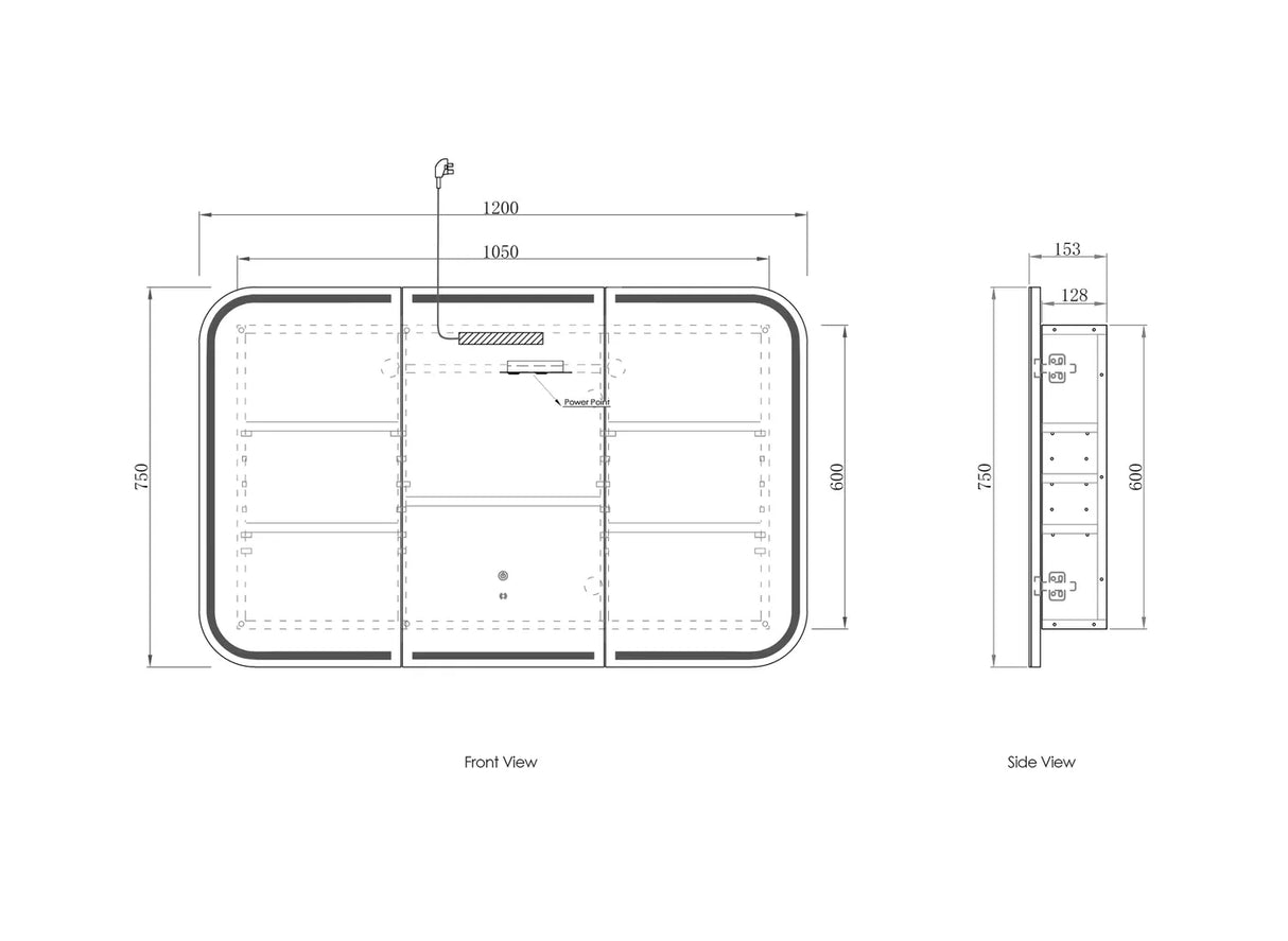 LED Newport 1200(W)x750(H) White Shaving Cabinet drawing