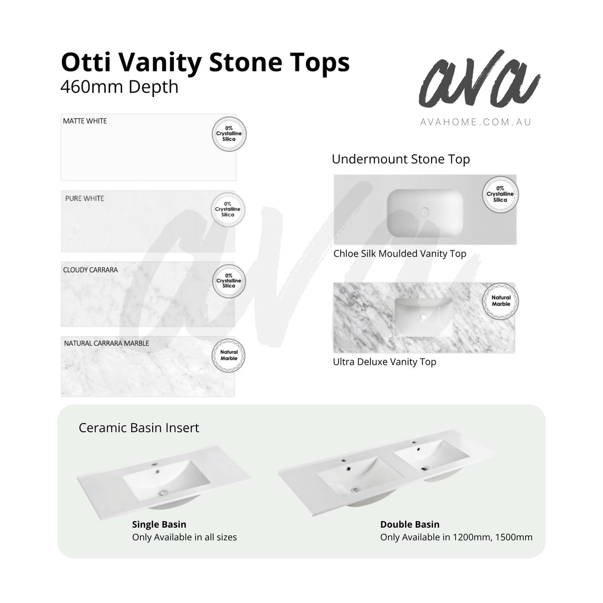 Product information graphic for Otti Vanity Stone Tops by Ava Home, showing matte white, pure white, cloudy Carrara, and natural marble options, plus undermount stone top and ceramic basin insert examples.