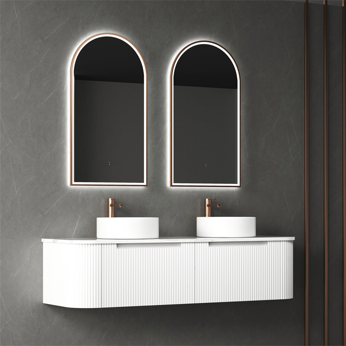 Bathroom vanity with two illuminated mirrors on a gray wall.