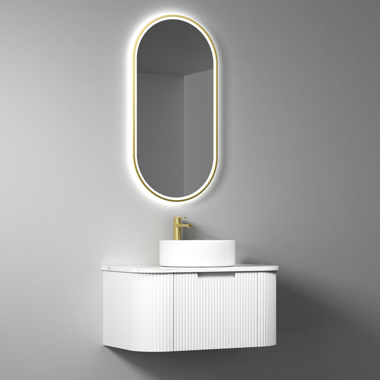 Bathroom vanity with illuminated mirror on a gray wall