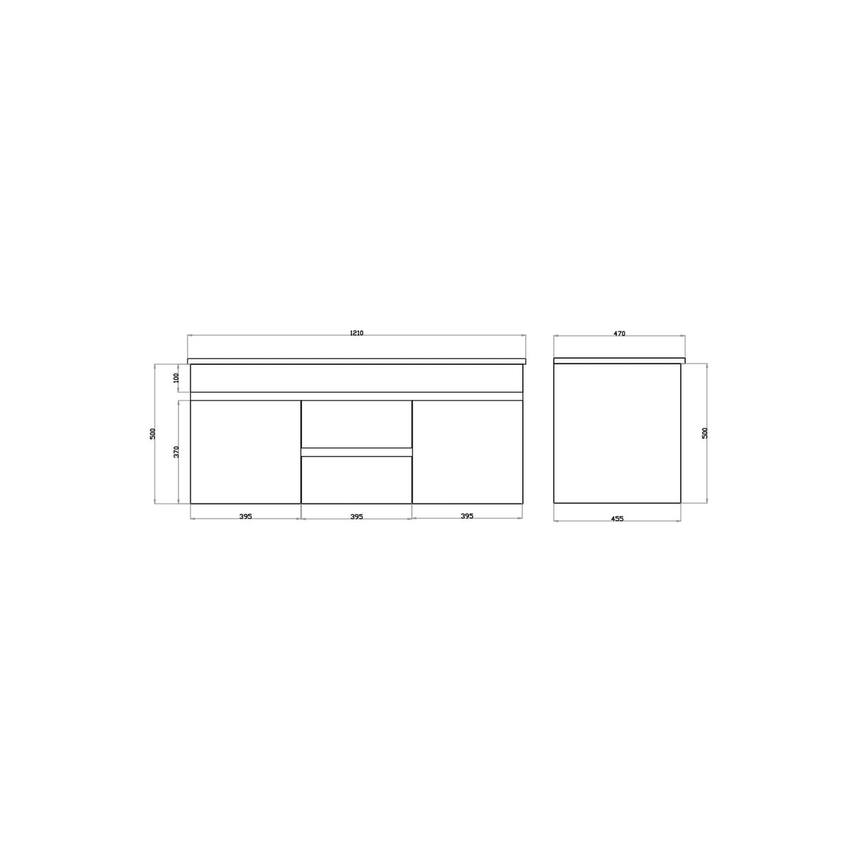 Technical drawing of a rectangular object with dimensions on a white background