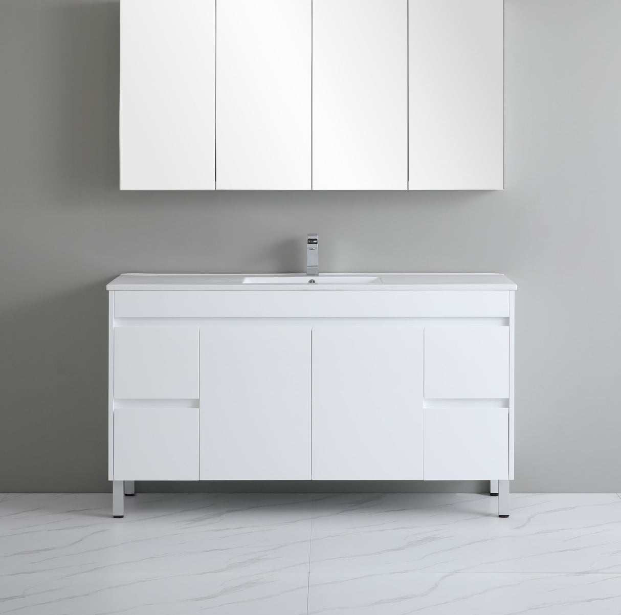White bathroom vanity with sink against a gray wall