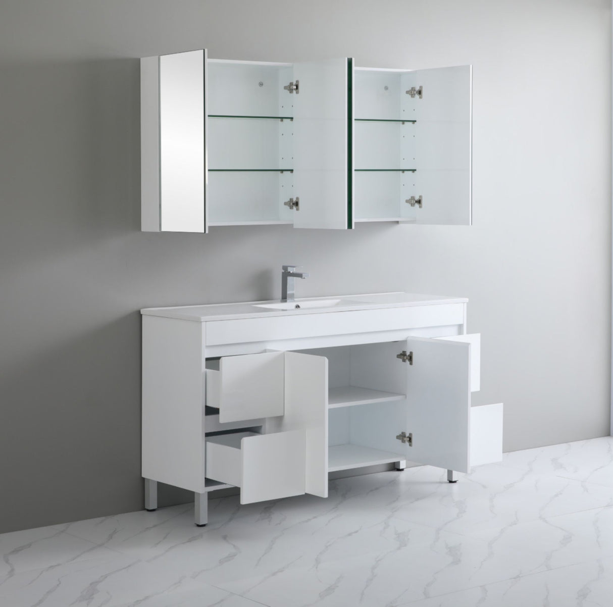 Bathroom vanity with sink and mirror cabinet against a white wall.