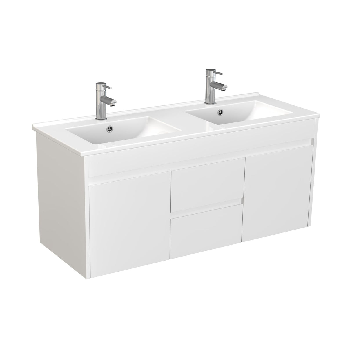 White double sink vanity with two faucets on a white background