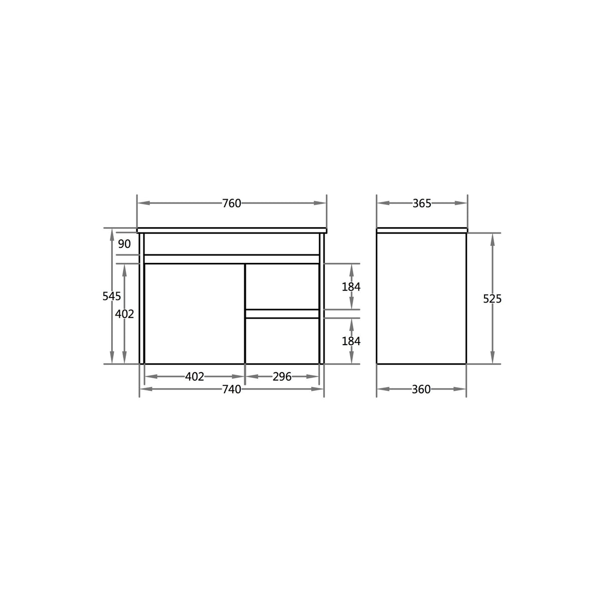 Technical drawing of a piece of furniture with dimensions labeled