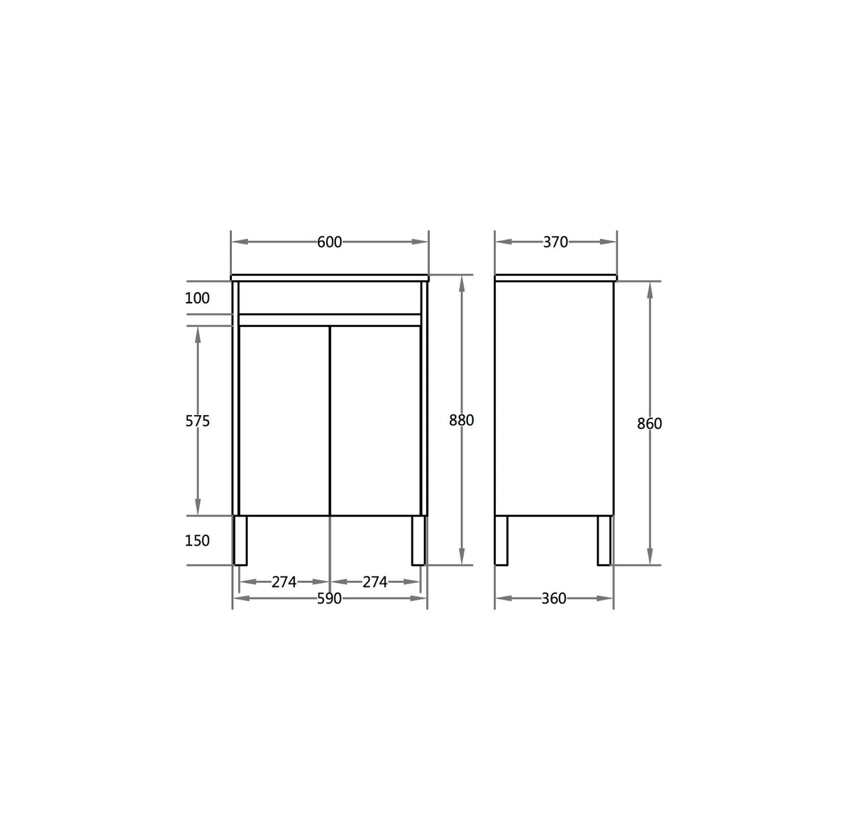 Technical drawing of a cabinet with dimensions labeled