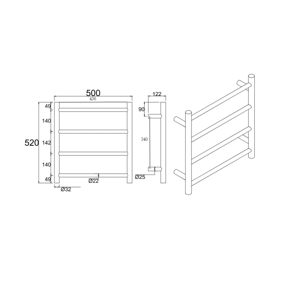 Chrome Round electric heated towel rack 4 bars drawing