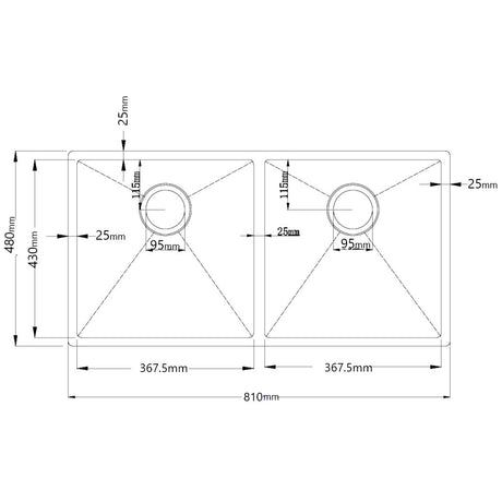 Zen Double Kitchen Sink 810mm Stainless Steel drawing details