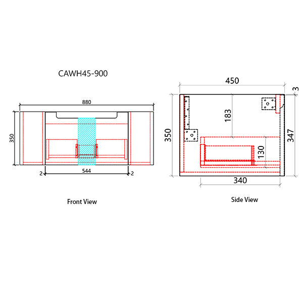 Technical drawing of a kitchen cabinet with dimensions labeled