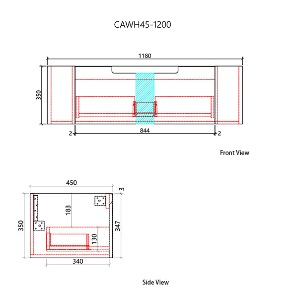 Technical drawing of a product with dimensions labeled