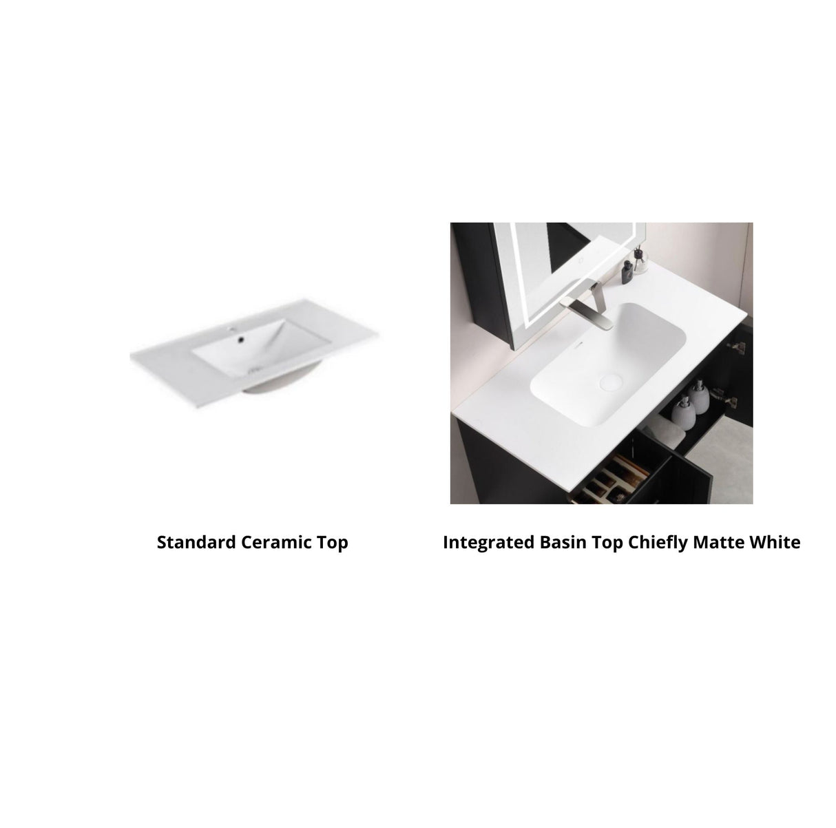 Two bathroom sinks with text indicating 'Standard Ceramic Top' and 'Integrated Basin Top Chiefly Matte White'.