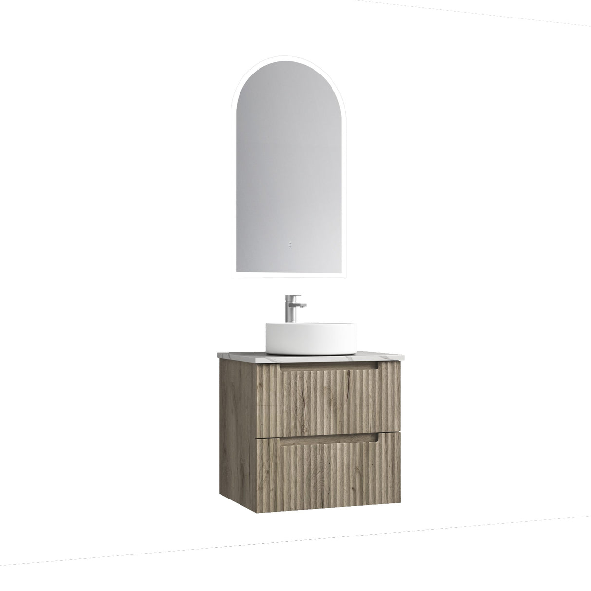 Bathroom vanity with sink and mirror on a white background