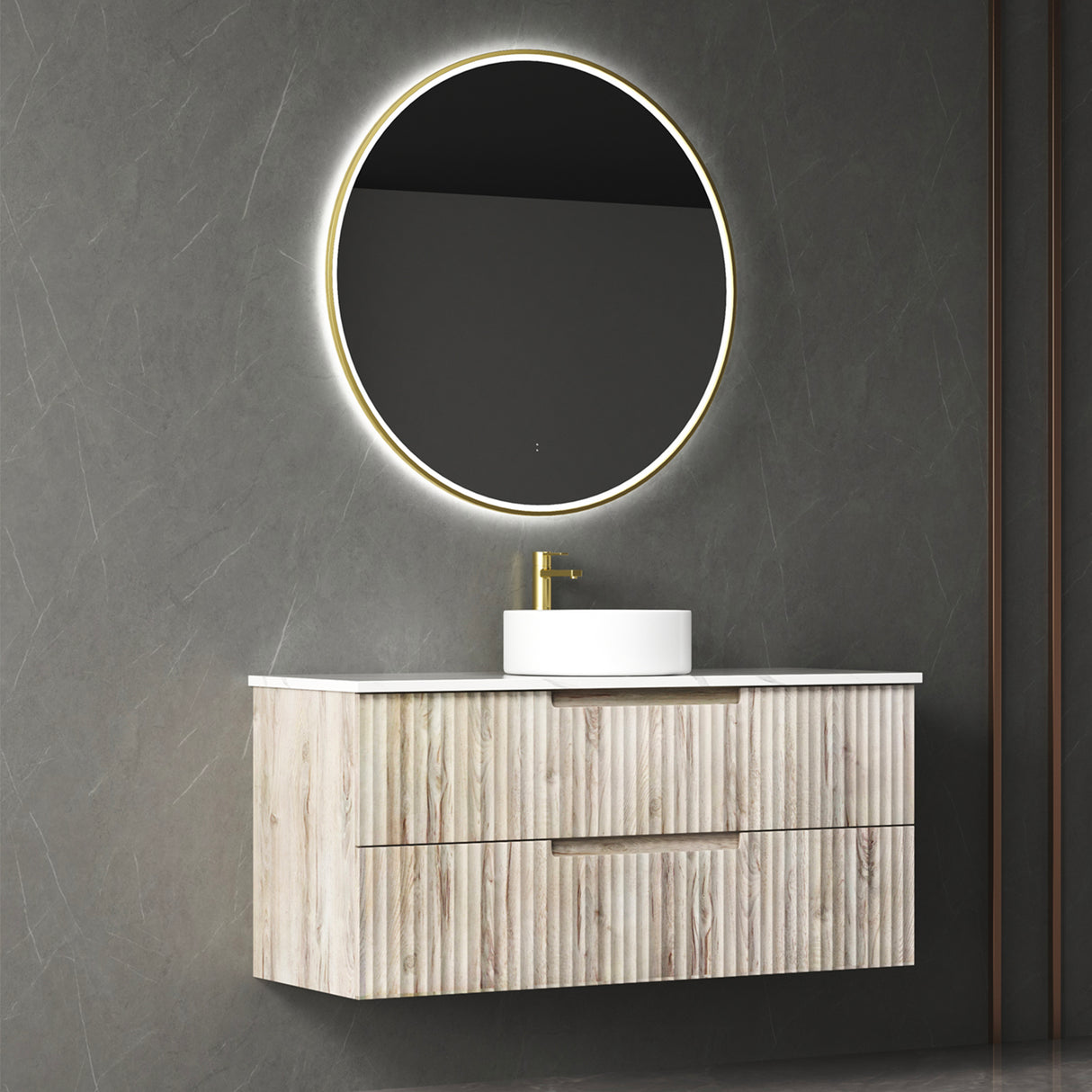 Bathroom vanity with round mirror and illuminated frame against a dark wall.