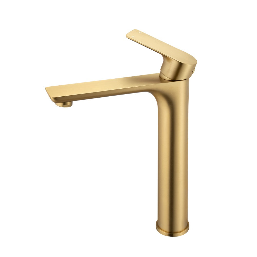 VOG - Brushed Brass Tall Basin Mixer open vlave