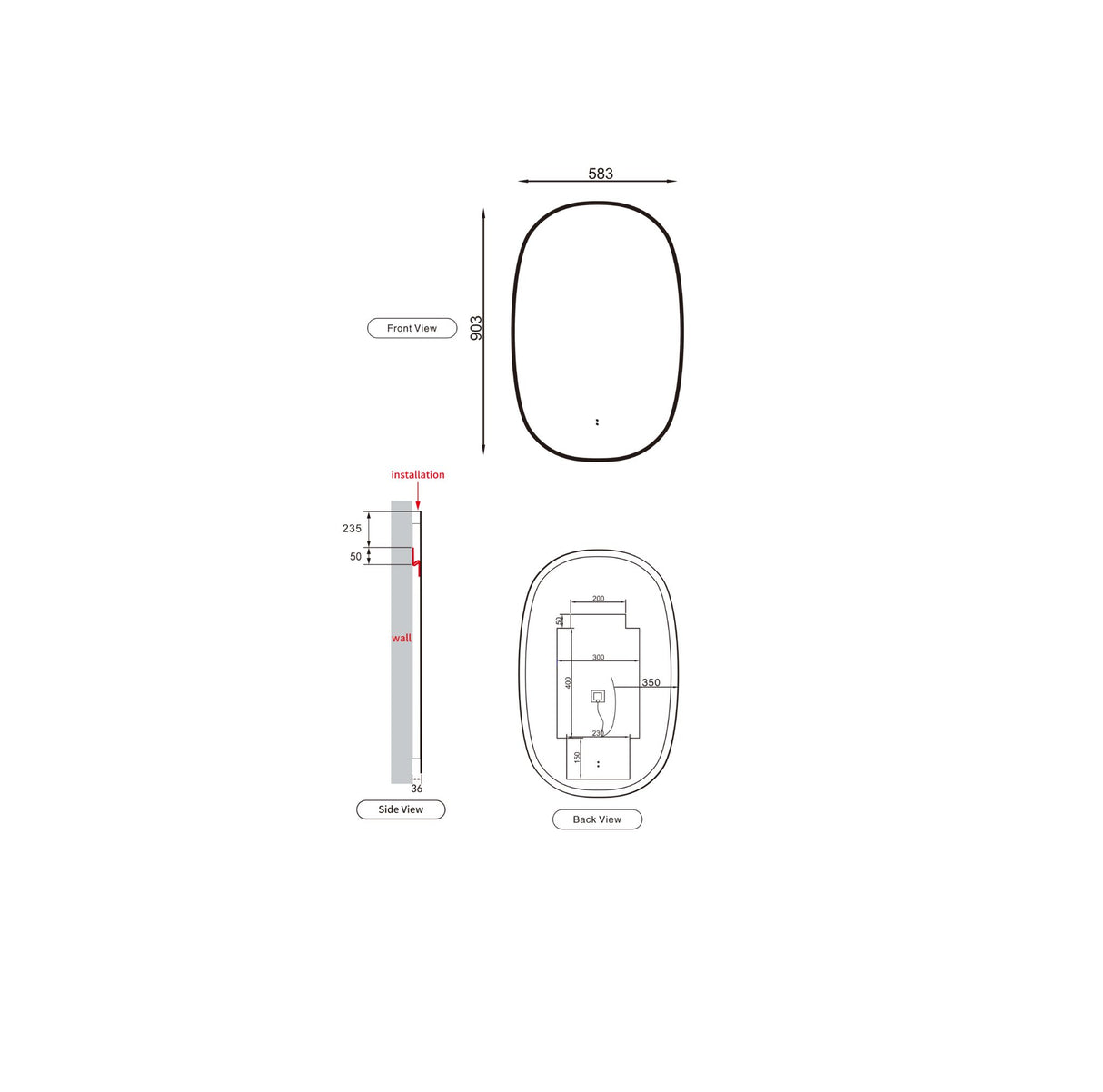 Valmont 580mm Vertical LED Mirror - Framed Drawing