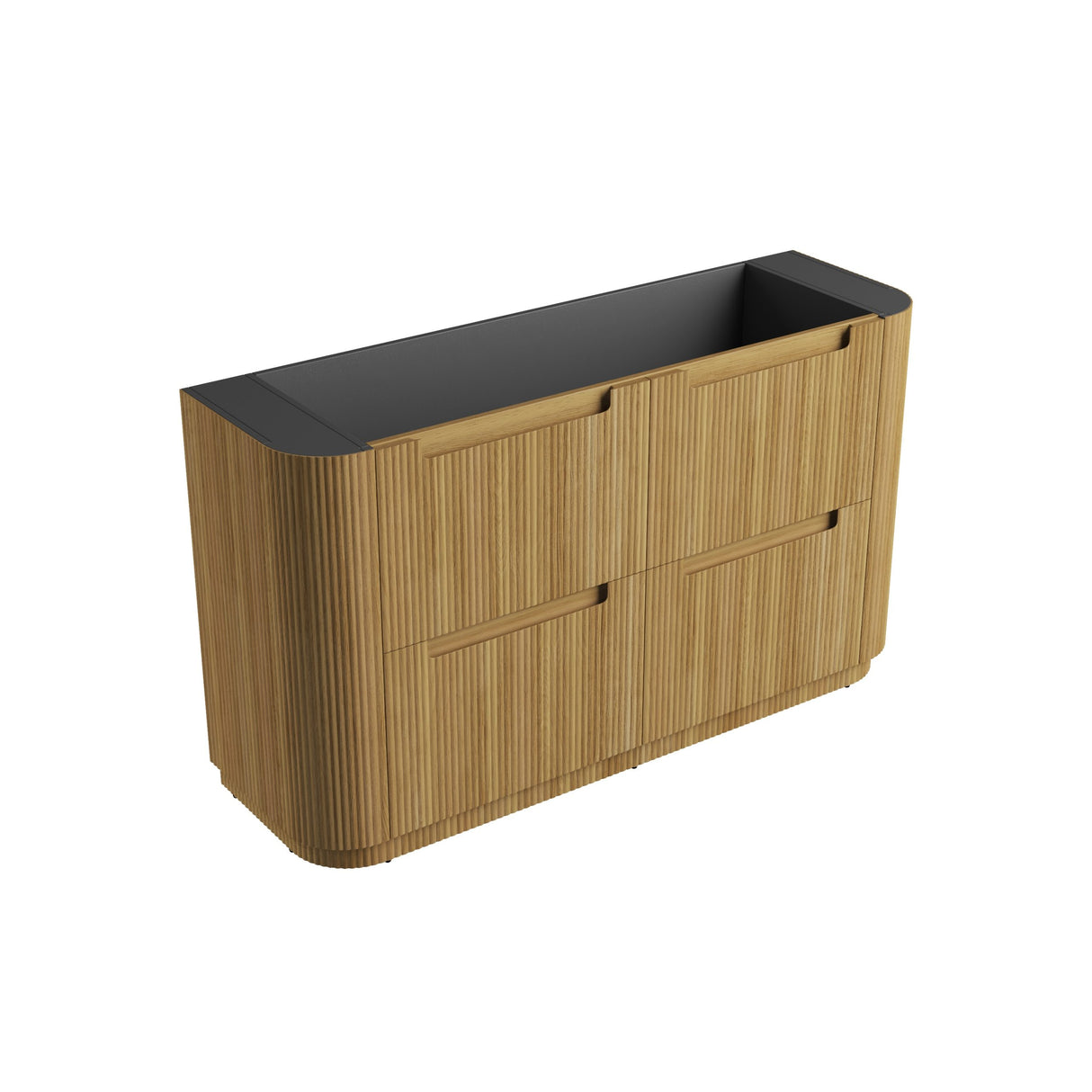 Wooden cabinet with black top on a white background