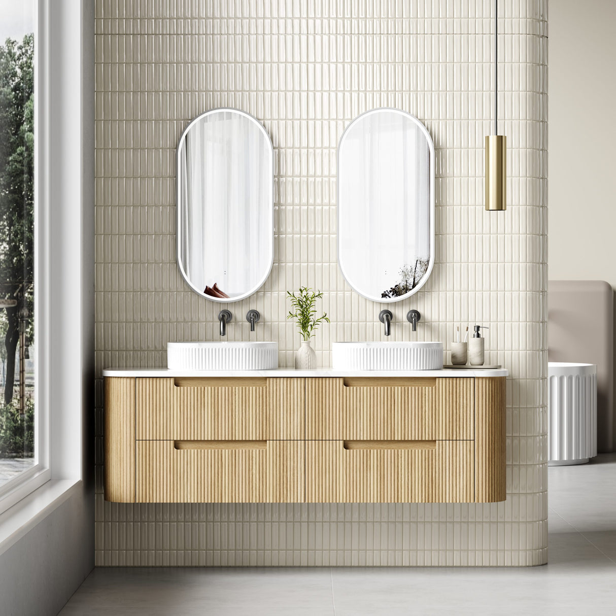Bathroom with wooden vanity, double sinks, and two mirrors.