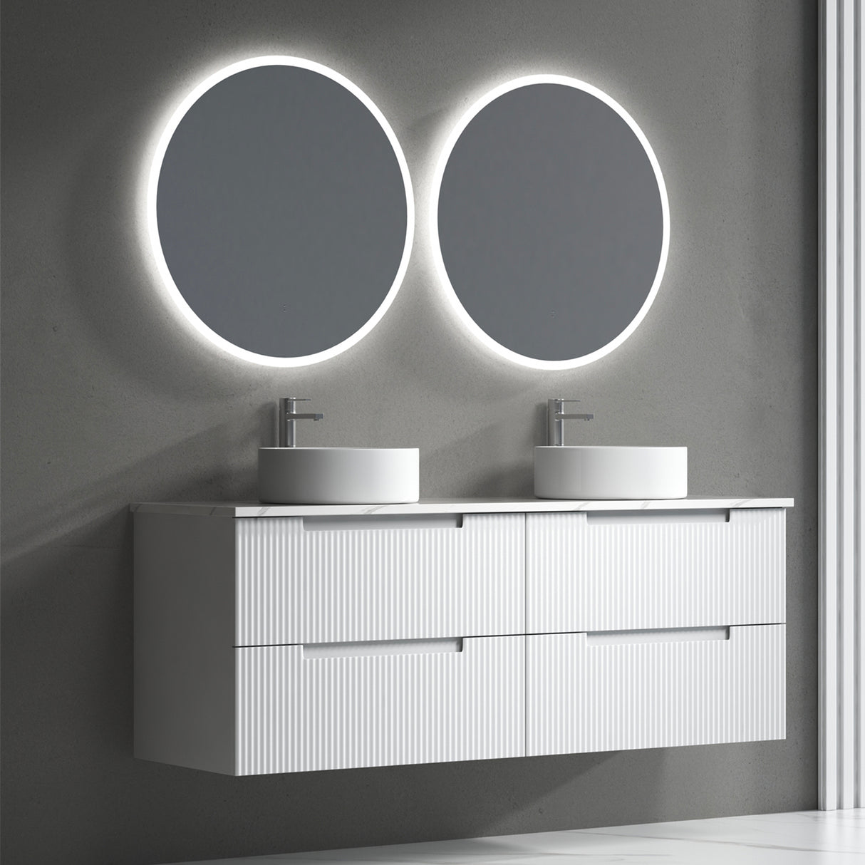 Bathroom vanity with two round mirrors on a gray wall