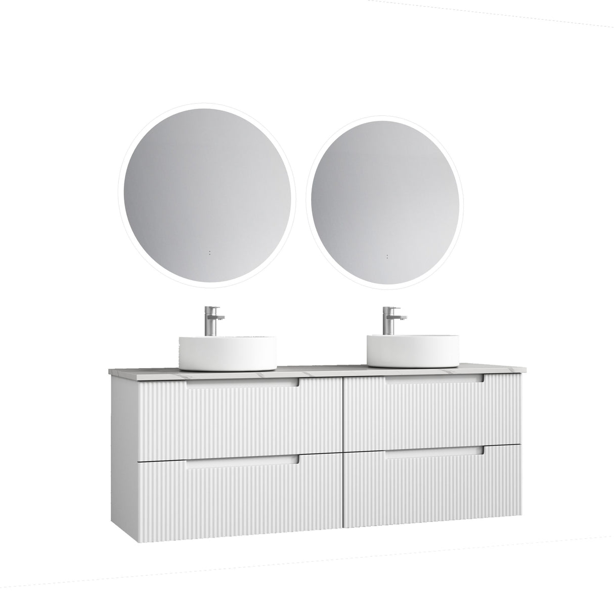 Bathroom vanity with two round mirrors and white fixtures on a white background