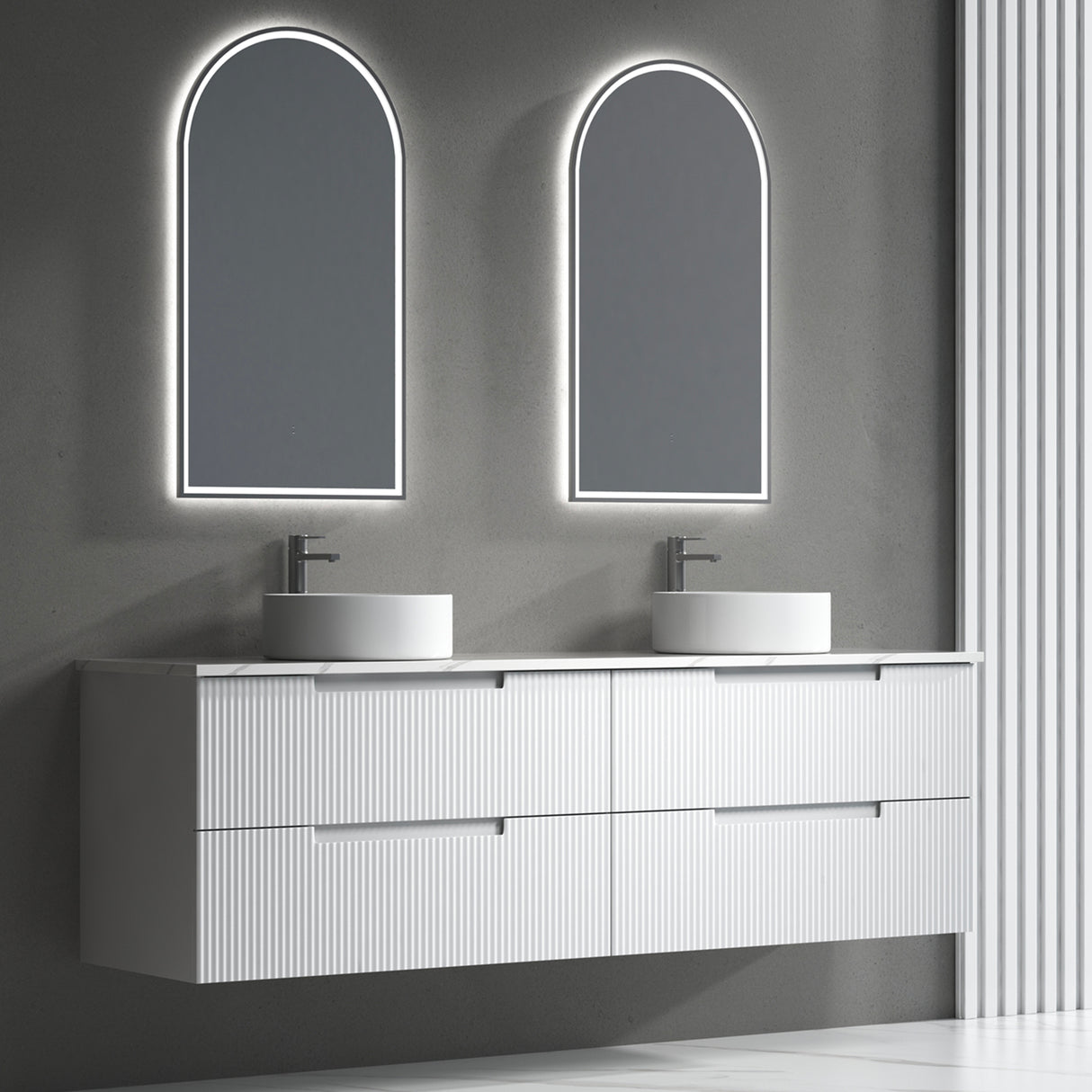 Bathroom vanity with double sink and arch-shaped mirrors with LED lighting.