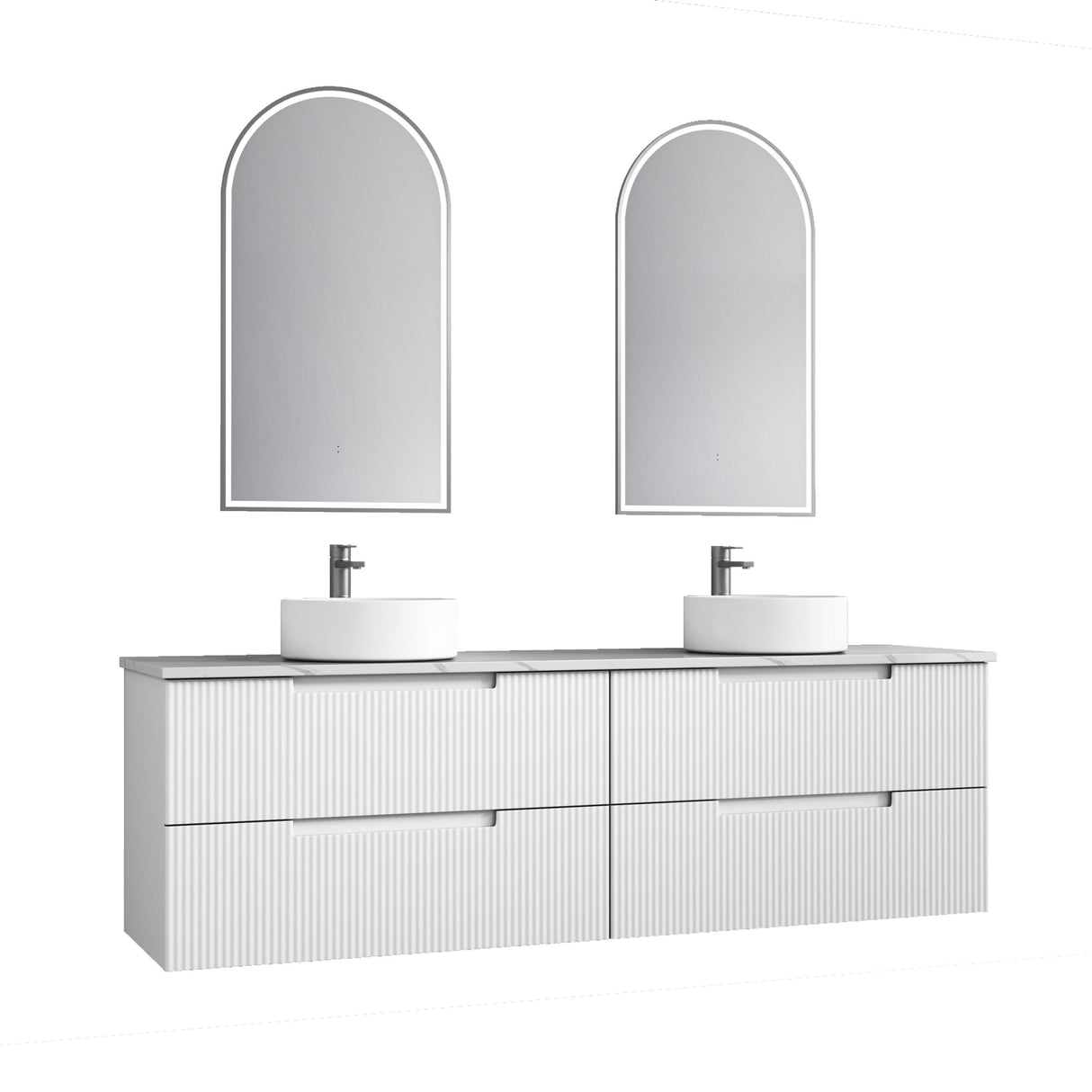 Bathroom vanity with two mirrors and two sinks on a white background
