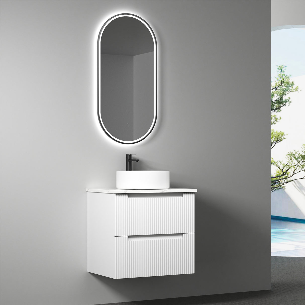 Bathroom vanity with sink and mirror on a gray wall