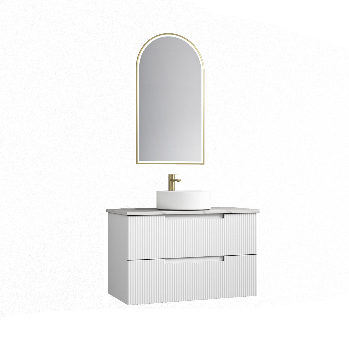 Bathroom vanity with mirror and sink on a white background