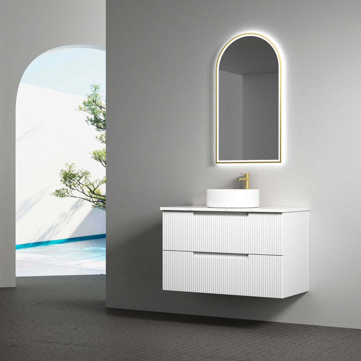 Bathroom vanity with illuminated mirror and sink in a modern setting.