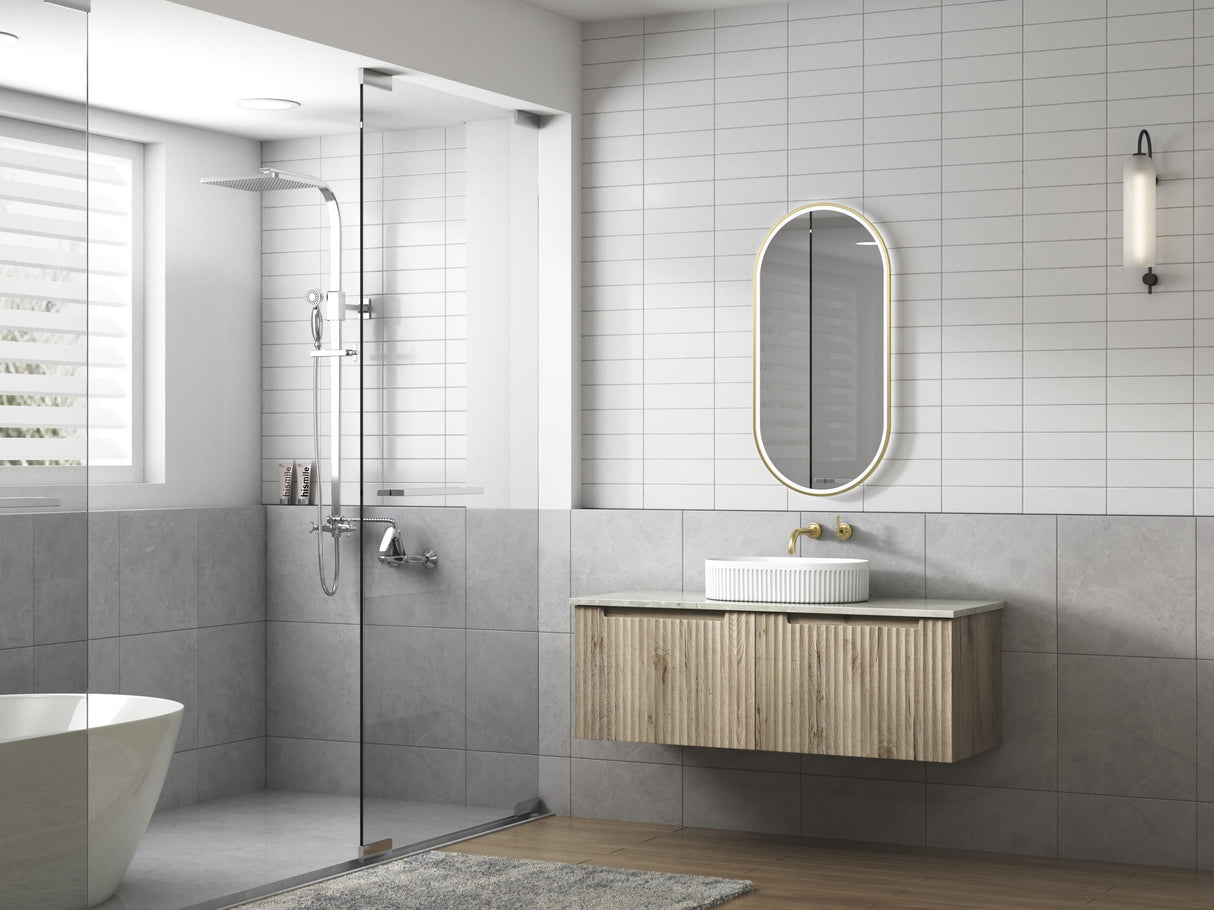 Modern bathroom with shower, bathtub, and vanity unit.