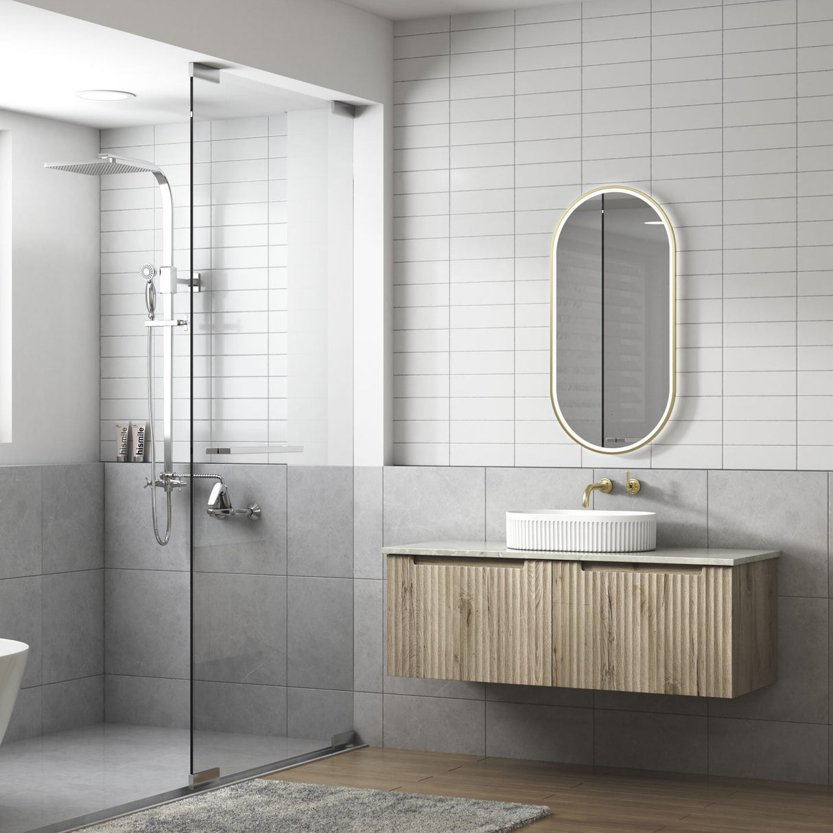 Modern bathroom with shower, bathtub, and vanity unit.