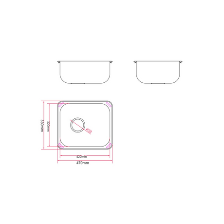 Zen 470 x 380mm Stainless Steel Kitchen Sink drawing