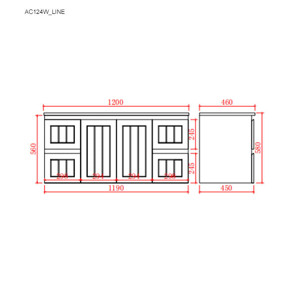 Technical drawing of a cabinet with dimensions labeled